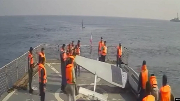 A screen grab from the video published by Iranian media of the seized drones