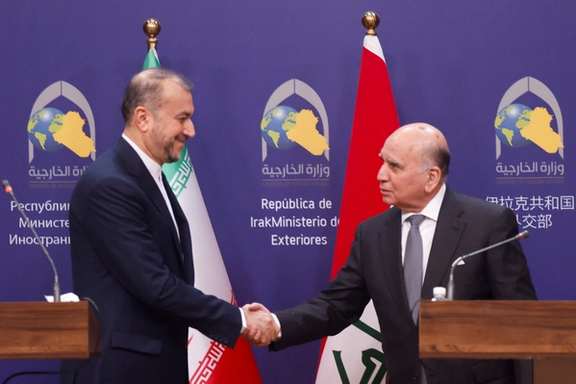 Iranian Foreign Minister Hossein Amir-Abdollahian with Iraqi Foreign Minister Fuad Hussein at a joint news conference, in Baghdad, February 22, 2023