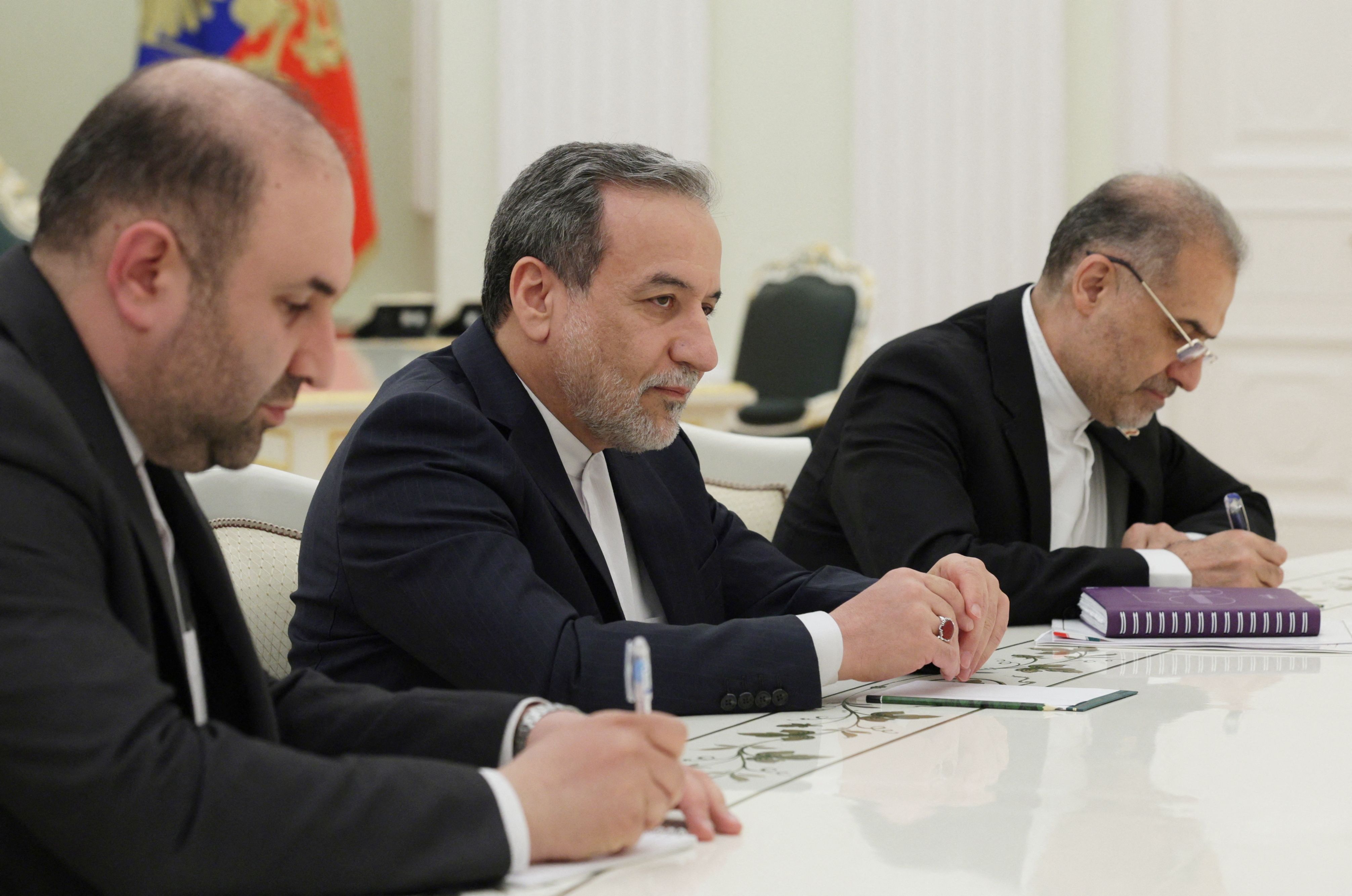 Iran's Foreign Minister Abbas Araghchi and Ambassador to Russia Kazem Jalali attend a meeting with Russia's President Vladimir Putin in Moscow, Russia, April 17, 2025.