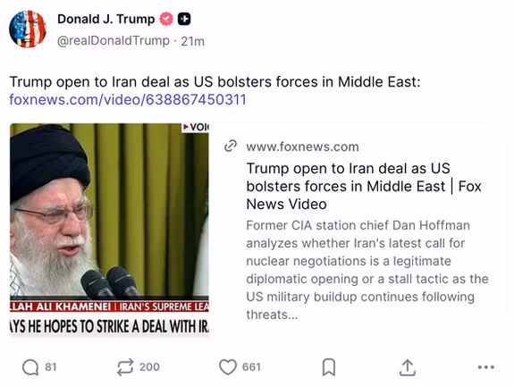Trump posts rapid-fire Iran messages as talks are confirmed