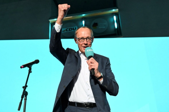 Christian Democratic Union (CDU) party leader Friedrich Merz speaks at the party headquarters, after the exit poll results are announced for the 2025 general election, in Berlin, Germany, February 23, 2025.