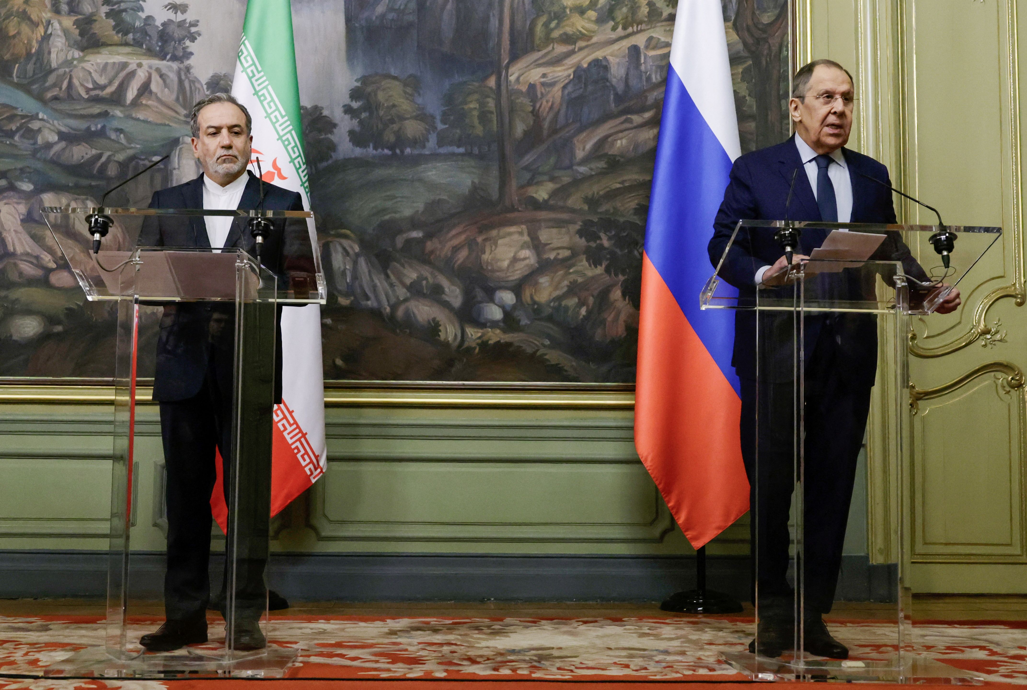 Russia's Foreign Minister Sergei Lavrov and Iran's Foreign Minister Abbas Araghchi attend a press conference following their talks in Moscow, Russia, April 18, 2025. 