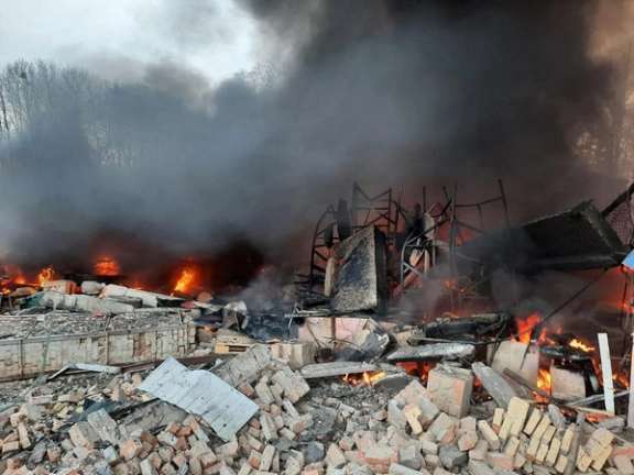 A view shows the Ukrainian State Border Guard Service site damaged by shelling in Kyiv region, February 24, 2022.