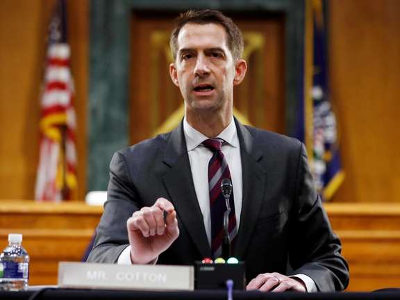 US Senator Tom Cotton (R-AR) speaks during a Senate Intelligence Committee nomination hearing for Rep. John Ratcliffe (R-TX), on Capitol Hill in Washington, US, May 5, 2020