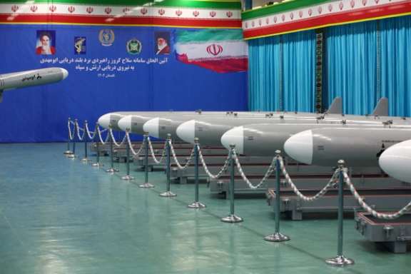 Iranian missiles called Abu Mahdi is displayed during the ceremony of joining the IRGC Navy and the Army in Tehran on July 25, 2023.