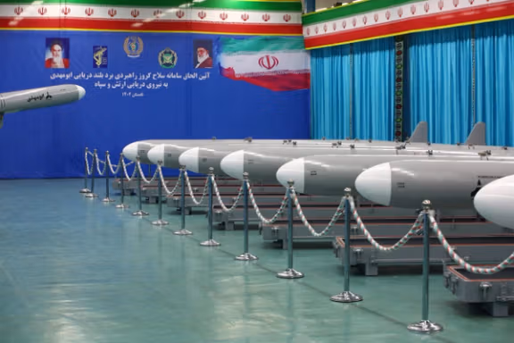 Iranian missiles called Abu Mahdi is displayed during the ceremony of joining the IRGC Navy and the Army in Tehran on July 25, 2023.