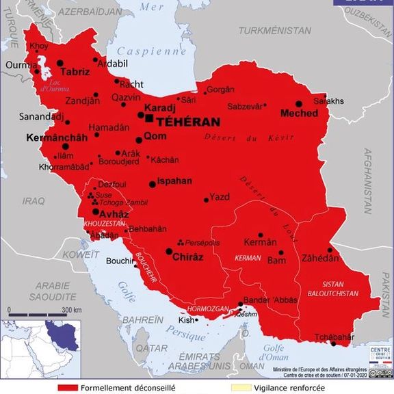 The map of Iran on the travel advisory guide of the France’s foreign ministry that formally advises French nationals, as well as dual nationals, against travelling to Iran