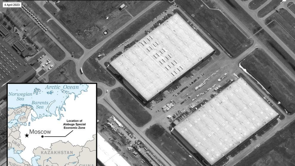 A satellite image shows possible planned location of UAV manufacturing plant in Russia's Alabuga Special Economic Zone, as evidence of new Russian-Iran cooperation, in this handout acquired June 9, 2023.