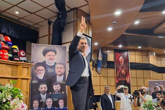 Former Iranian president Mahmoud Ahmadinejad after registering as a candidate for the presidential election at the Interior Ministry, June 2, 2024