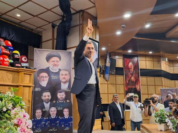 Former president Mahmoud Ahmadinejad after registering his bid to run for office at the Interior Ministry in Tehran (June 2024)