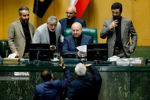 Parliament Speaker Mohammad-Bagher Ghalibaf (center) during a session in July 2023