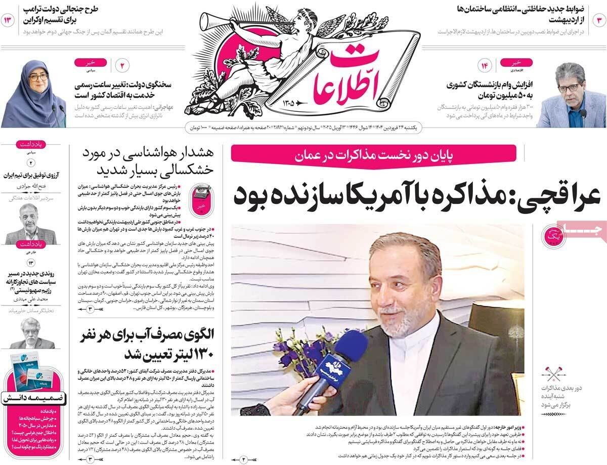 The front page of Ettela’at daily on Sunday, April 13, 2025 