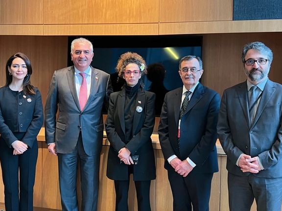 (From left) actress and activist Nazanin Boniadi, Exiled Prince Reza Pahlavi, women’s rights activist Masih Alinejad, Secretary General of Komala Iranian Kurdish party Abdullah Mohtadi, and Canada-based activist Hamed Esmaeilion (March 25, 2023)