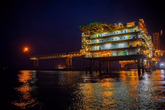 An offshore platform at South Pars gas field at night, Iran, September 2025