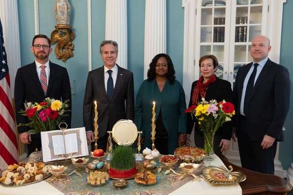 US Secretary of State Antony Blinken (2nd left) and US Deputy Special Envoy to Iran Abram Paley (right) at a Norouz table (Sofre Haftsin) (March 20, 2024)