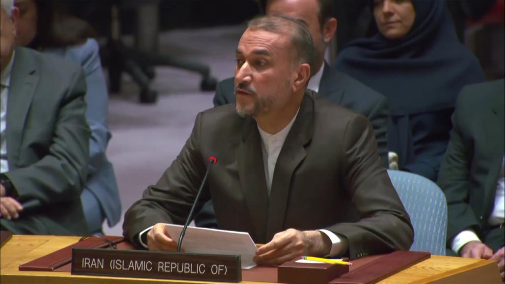 Iranian Foreign Minister Hossein Amir-Abdollahian delivering a speech at the UN (January 2024)