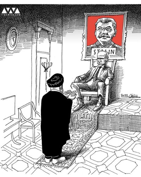 A drawing by an Iranian cartoonist showing Raisi praying in the Kremlin.