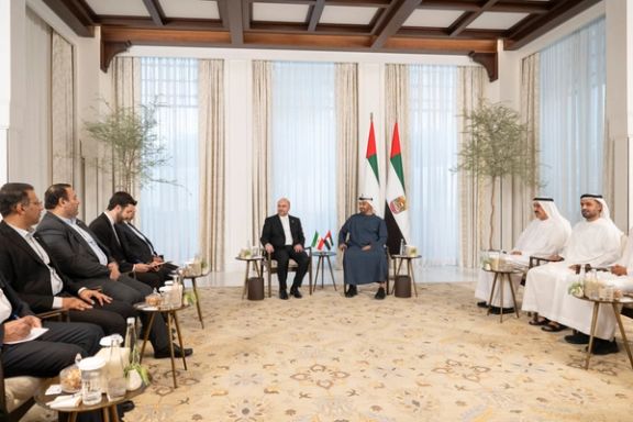 United Arab Emirates President Sheikh Mohammed Bin Zayed Al Nahyan meets with Speaker of the Parliament of Iran Mohamed Bagher Ghalibaf at Al Shati Palace, in Abu Dhabi, United Arab Emirates, October 5, 2023.