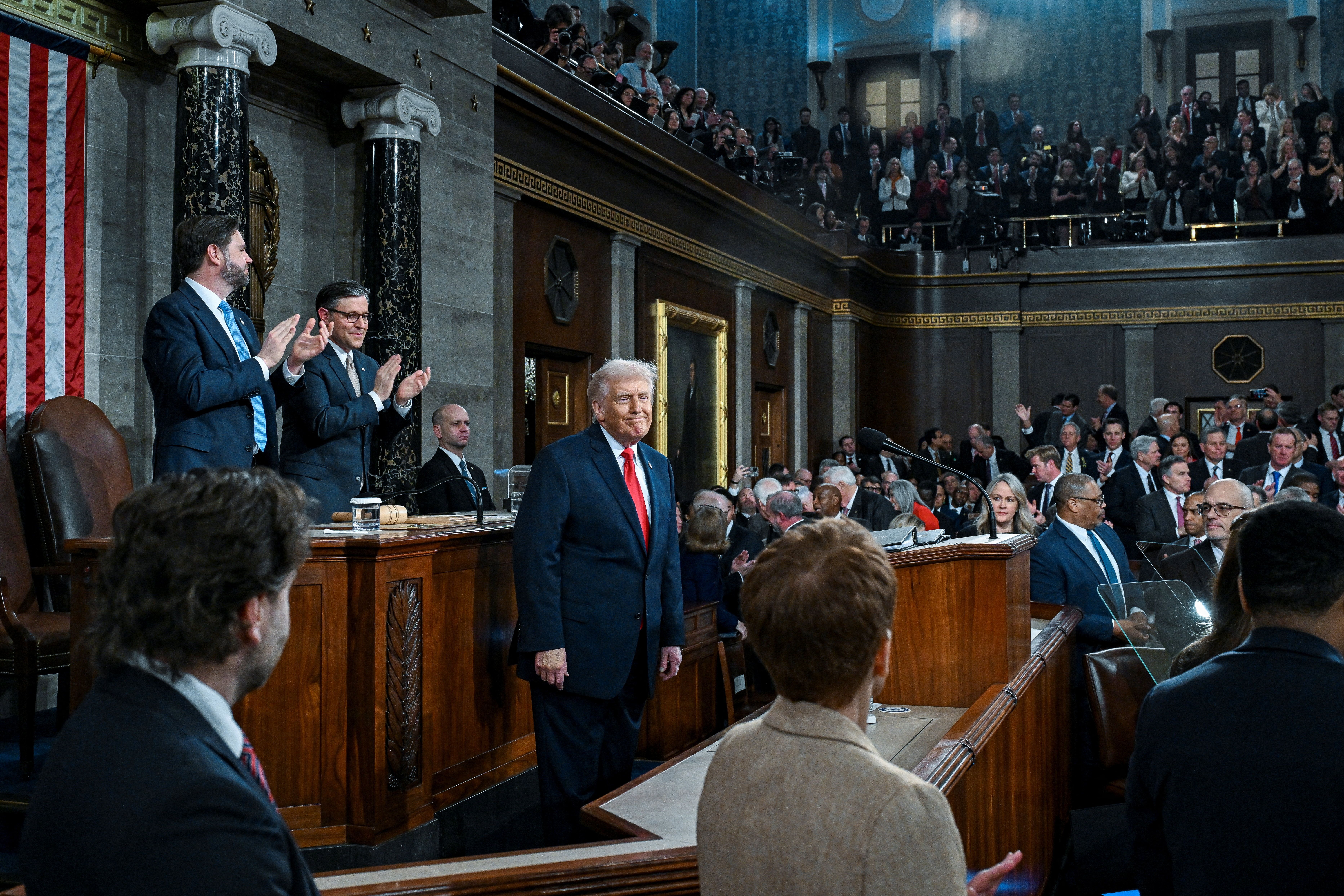 US President Donald J. Trump delivers the first State of the Union address of his second term to a joint session of Congress in the House Chamber of the United States Capitol in Washington, DC, on Tuesday, February 24, 2026.