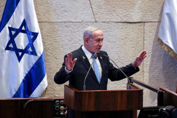 Israeli Prime Minister Benjamin Netanyahu speaks during a Plenum session of the Knesset, Israel's Parliament, also attended by Argentine President Javier Milei, in Jerusalem, June 11, 2025