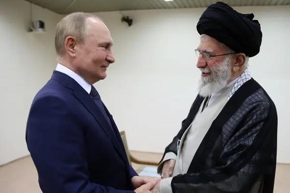 Iran's Khamenei warmly greeting Russia's Putin in Tehran on July 19, 2022