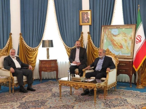 Hamas leader Ismail Haniyeh (left) during a meeting with Ali Akbar Ahmadian, the secretary of Iran’s Supreme National Security Council in Tehran on June 19, 2023