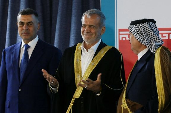 Iranian President Masoud Pezeshkian reacts as he meets with community members, academic figures, tribal sheikhs and officials during his visit, in Basra, Iraq, September 13, 2024.