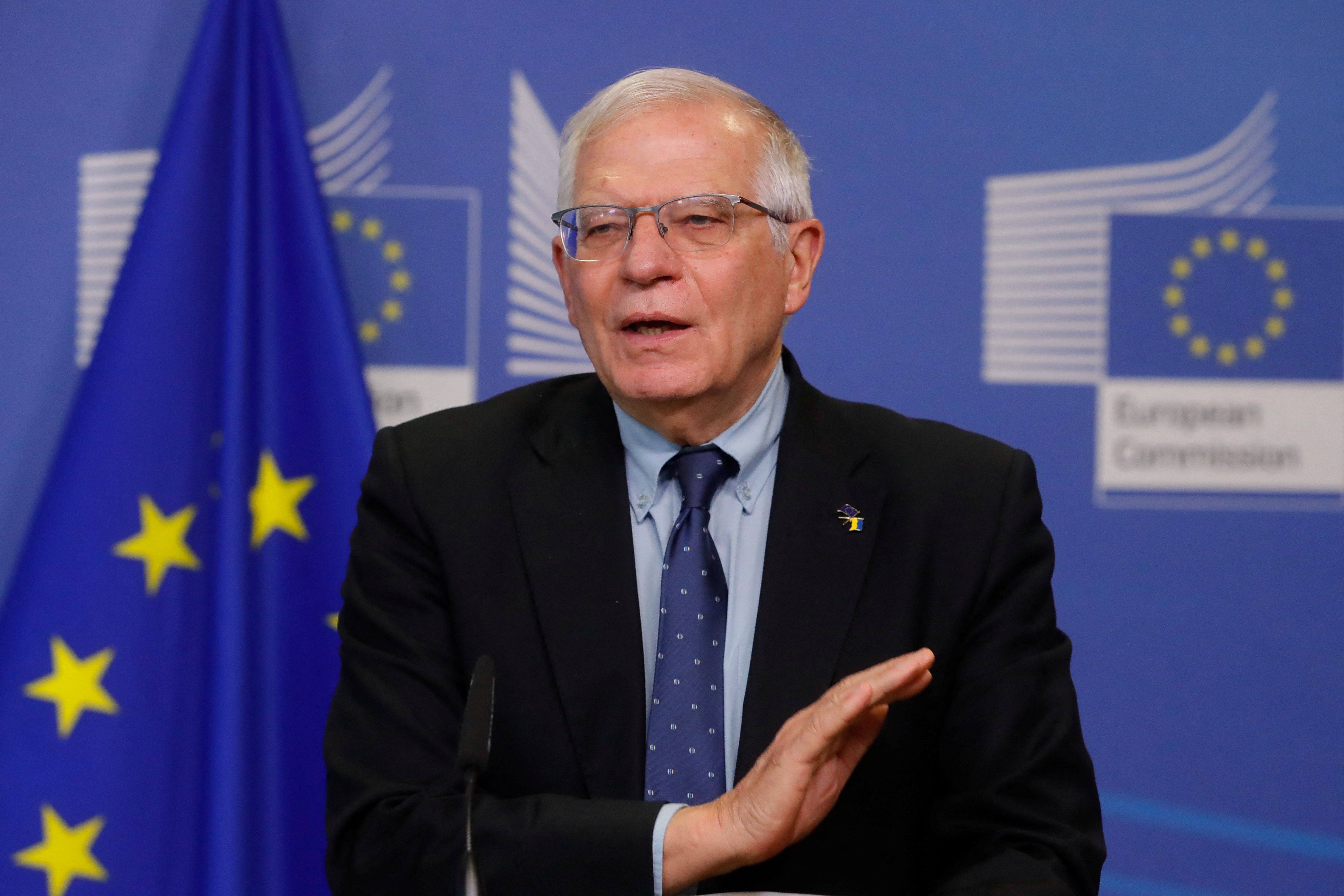 High Representative of the European Union for Foreign Affairs and Security Policy Josep Borrell attends a news conference with European Commission President Ursula von der Leyen, after Russia launched a massive military operation against Ukraine, in Brussels, Belgium, February 27, 2022. 