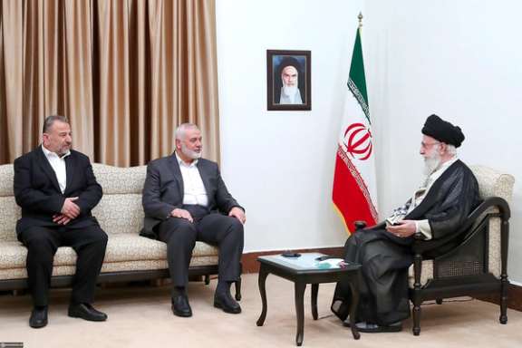 Hamas Political Chief Ismail Haniyeh (center) during a meeting with Supreme Leader Ali Khamenei in Tehran on June 21, 2023