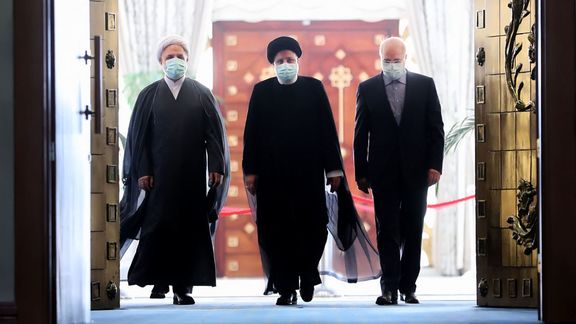 Judiciary Chief Gholamhossein Mohseni Ejei (left), Iranian President Ebrahim Raisi (center), and Parliament Speaker Bagher Ghalibaf