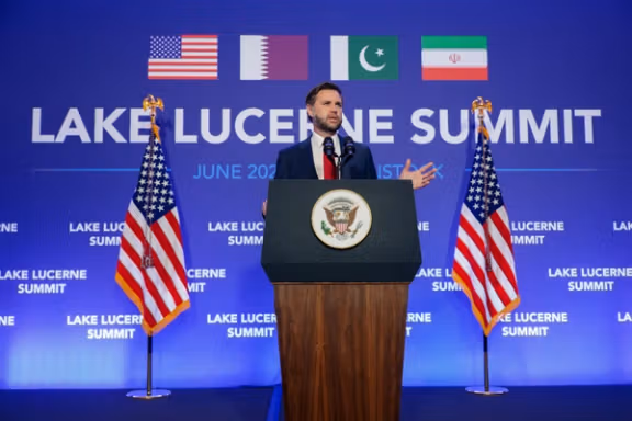 US Vice President JD Vance speaks to members of the media before boarding Air Force Two, after the US and Iran held high-level talks at the Lake Lucerne Summit, at Emmen Military Air Base, Emmen, Switzerland, June 22, 2026.