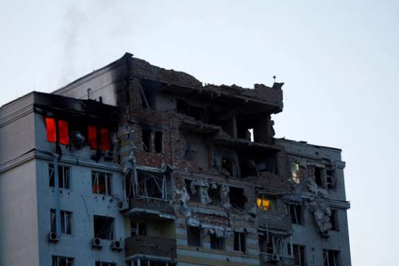 An apartment building hit by an Iranian drone in Kyiv on May 30, 2023