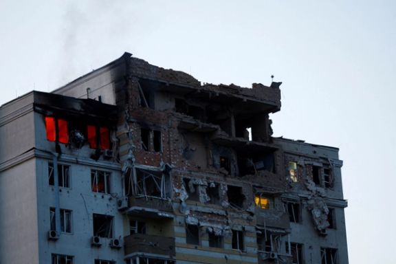 An apartment building hit by an Iranian drone in Kyiv on May 30, 2023