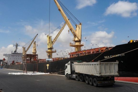 Greek-flagged bulk cargo vessel Sea Champion is docked to the port of Aden, Yemen, to which it arrived after being attacked in the Red Sea by missile strike by Iran-backed Houthi militia, February 21, 2024.