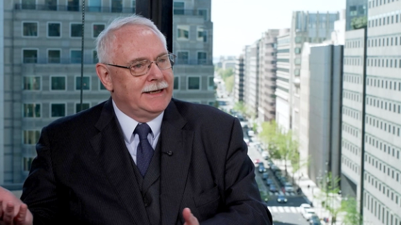 Norman Roule pictured during an interview with Marzia Hussaini at Iran International's office in Washington DC