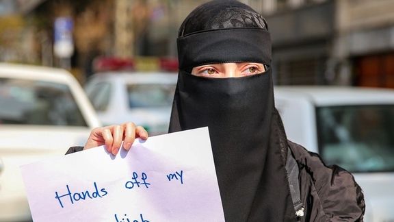 A female protester in Tehran demanding India stop hijab ban. February 18, 2022