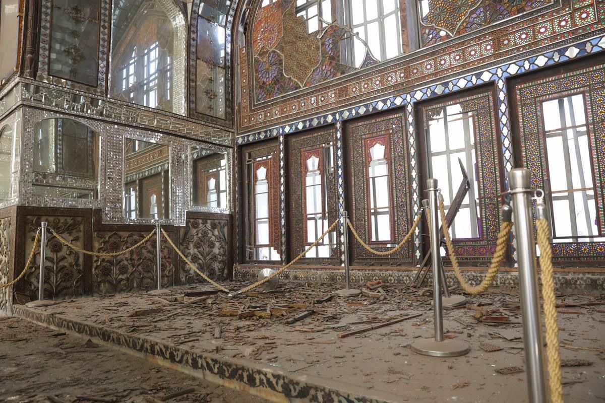 Debris spread around in a hall at Tehran's historic Golestan Palace, after a US-Israeli strike, March 1, 2026