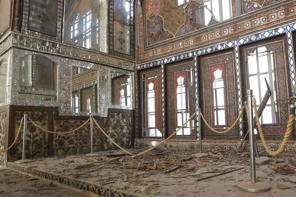Debris spread around in a hall at Tehran's historic Golestan Palace, after a US-Israeli strike, March 1, 2026