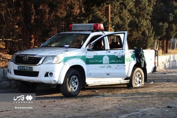 A police car at the site of twin blasts in Kerman on January 3, 2024