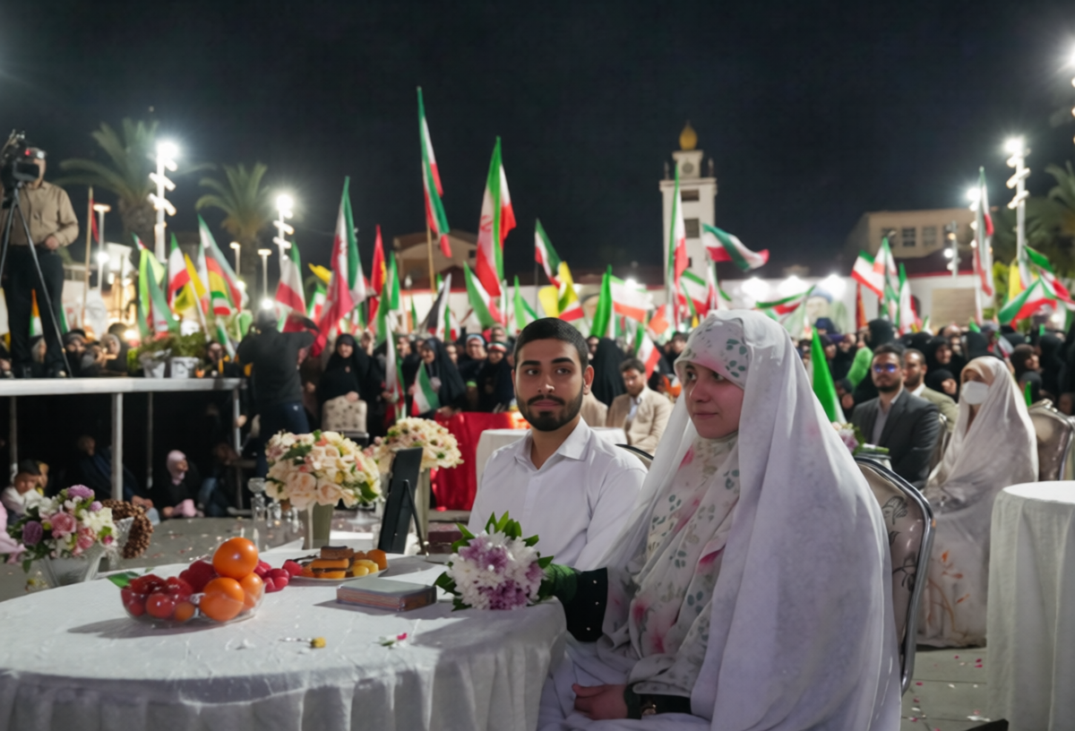 A couple  in a mass wedding ceremony during a pro-government rally in Iran