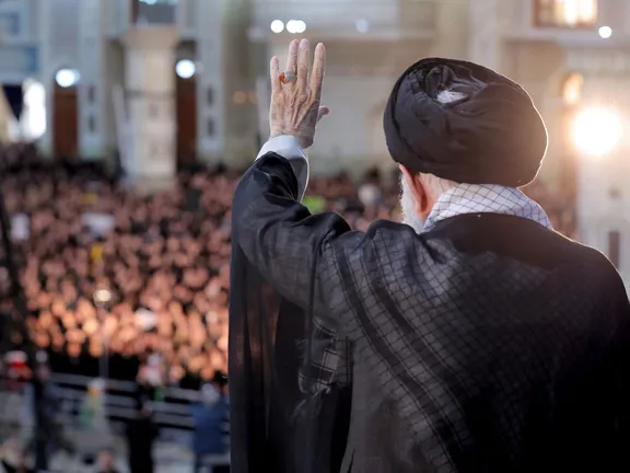 Iran's supreme leader Ali Khamenei waves at supporters in an event marking the death of his predecessor, Ruhollah Khomeini, in 1989, Tehran, Iran, June 3, 2025