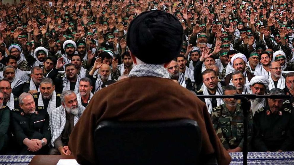 Undated photo of Iran's ruler Ali Khamenei speaking to loyal clergy and IRGC officers 