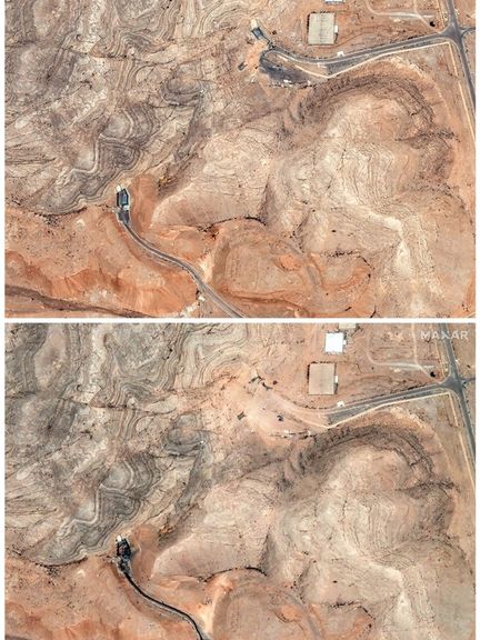 A combination picture shows satellite views of tunnel entrances to the Isfahan Nuclear Technology Research Center before and after being hit by U.S. airstrikes amid the Iran-Israel conflict, in Isfahan, Iran, June 20, 2025 (above), and June 22, 2025. Maxar Technologies/Handout via REUTERS