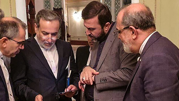 The Iranian delegation in Oman for indirect negotiations with the United States on April 12, 2025.