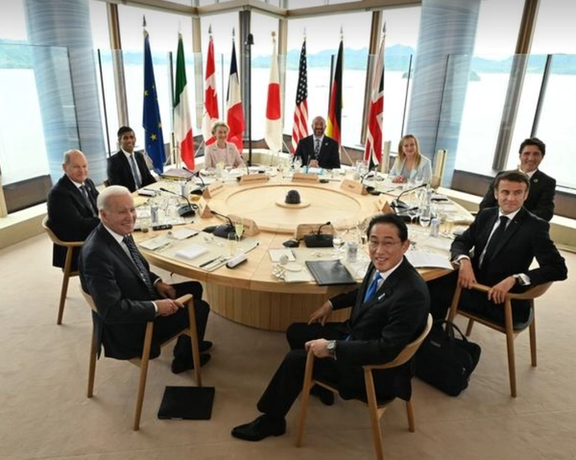 G7 leaders  attend a working lunch meeting at G7 leaders' summit in Hiroshima, western Japan May 19, 2023.