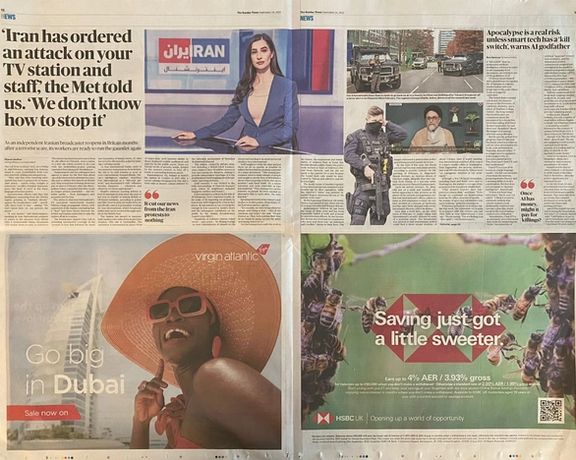 The Sunday Times featuring an article about the threats against Iran International