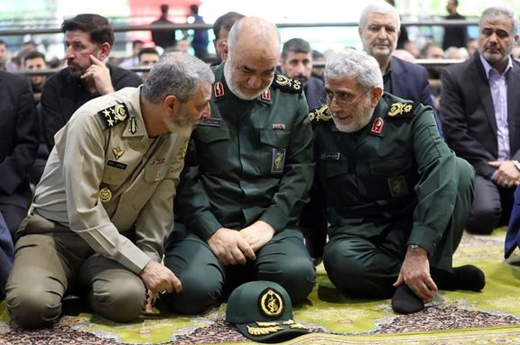 IRGC Commander in chief Hossein Salami with Iran's Army chief Abdolrahim Mousavi to his right and Quds Force commander Esmaeil Qaani to his left