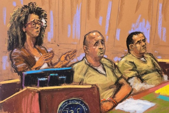 Prominent New York-based dissident and journalist Masih Alinejad makes a witness statement next to Polad Omarov and Radar Amirov, who were convicted of involvement in an unsuccessful Iran-backed plot to kill her, as they attend their sentencing at federal court in New York, October 29, 2025 in this courtroom sketch.