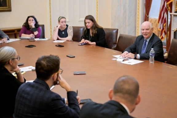 US Senator Ben Cardin (D-MD) speaks at a committee meeting after assuming the chairmanship of the Senate Foreign Relations Committee at the US Capitol on Capitol Hill in Washington, September 28, 2023.
