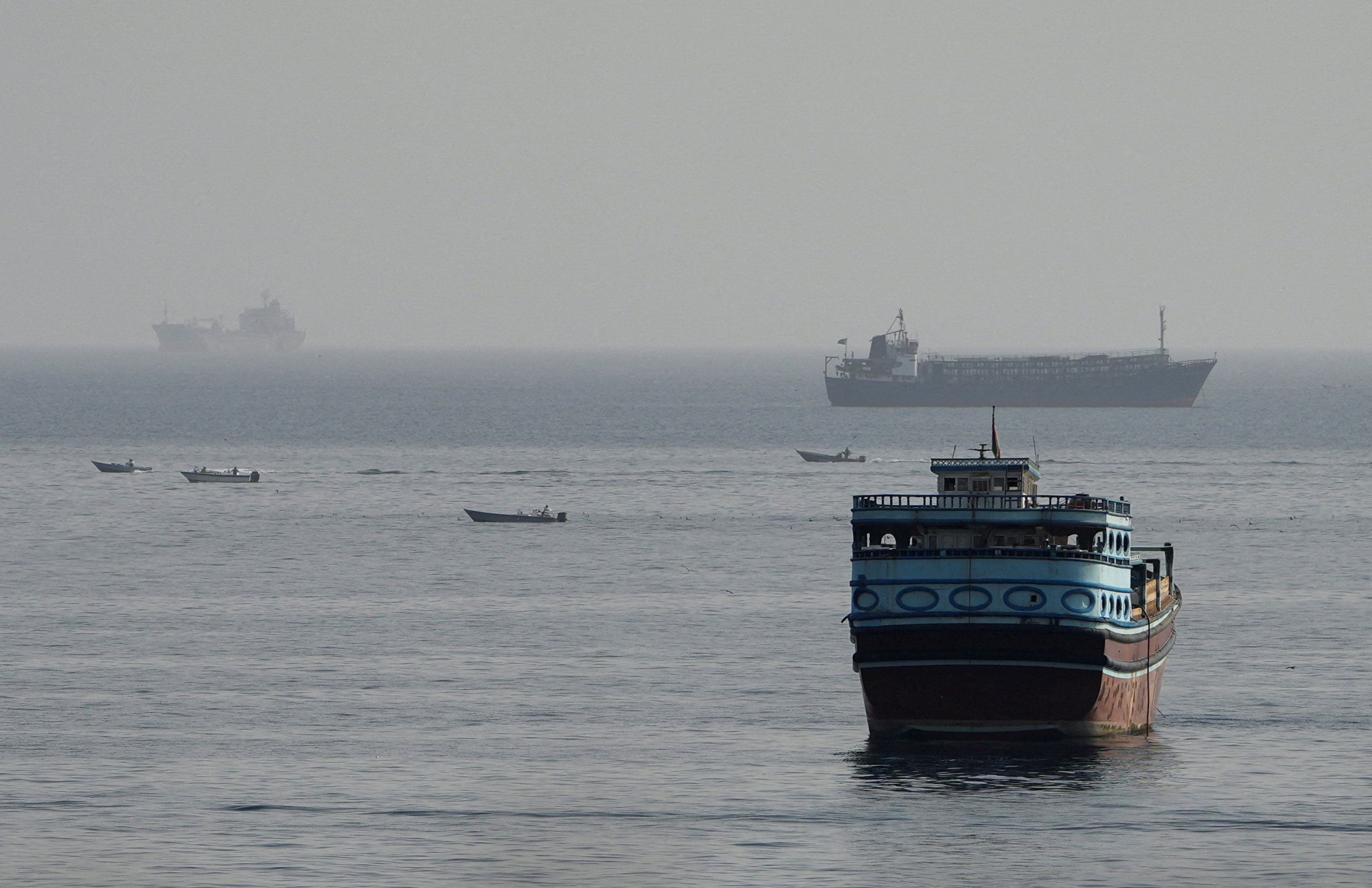 Vessels in the Strait of Hormuz, as seen from Musandam, Oman, August 3, 2026